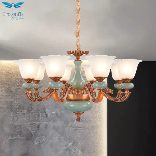 Vintage Style Floral Shaped Pendant Chandelier 6/8 - Bulb Cream Glass Suspension Lighting In Brown