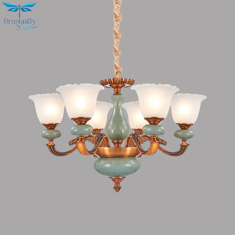 Vintage Style Floral Shaped Pendant Chandelier 6/8 - Bulb Cream Glass Suspension Lighting In Brown