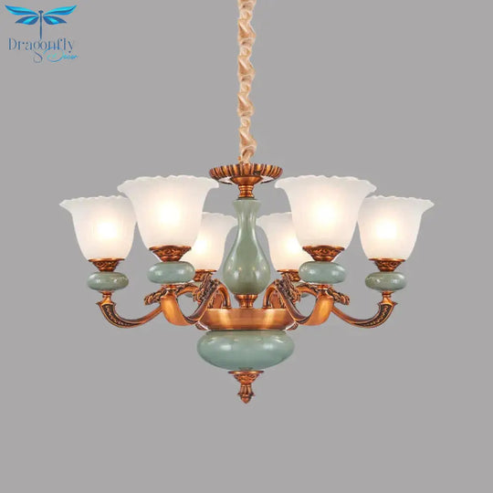Vintage Style Floral Shaped Pendant Chandelier 6/8 - Bulb Cream Glass Suspension Lighting In Brown