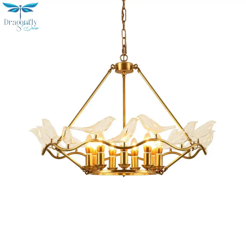 Wavy Ceiling Chandelier With Clear Crystal Bird Shade Mid Century 9 Lights Pendant Lighting In Brass