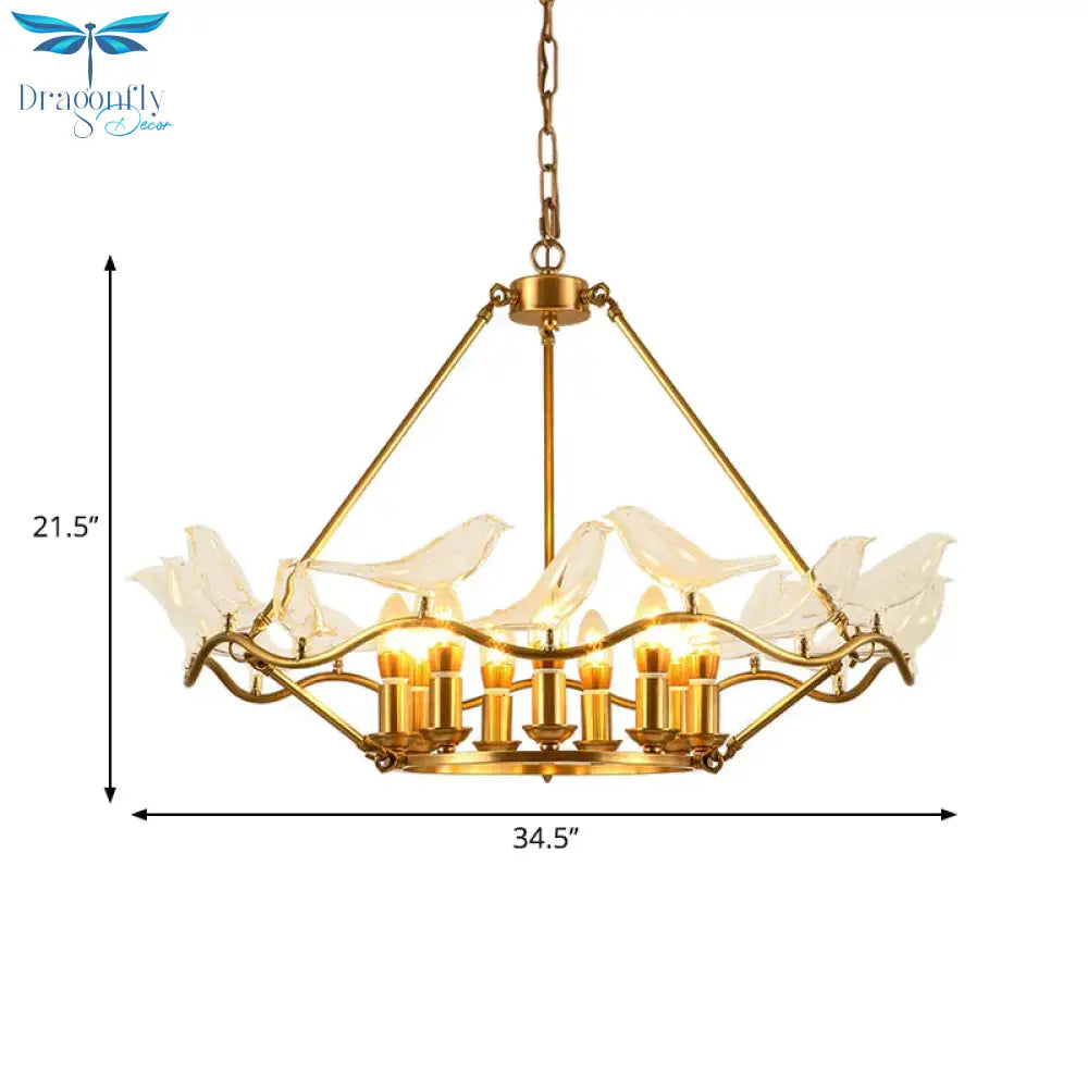 Wavy Ceiling Chandelier With Clear Crystal Bird Shade Mid Century 9 Lights Pendant Lighting In Brass