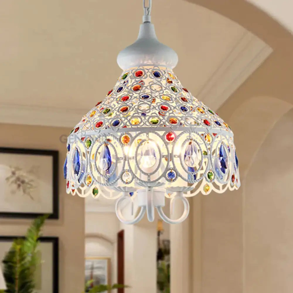 White 3 Bulbs Chandelier Lamp Traditional Metal Hollow Hanging Ceiling Light For Living Room