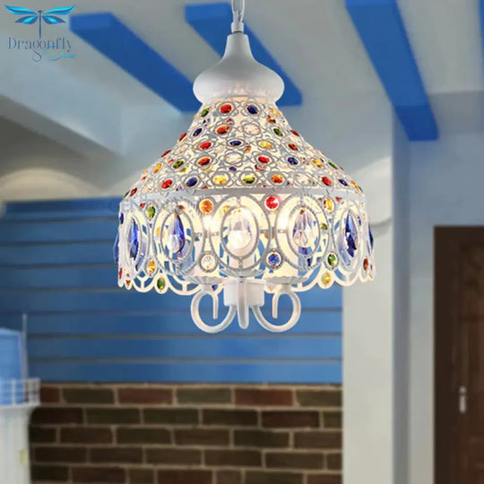 White 3 Bulbs Chandelier Lamp Traditional Metal Hollow Hanging Ceiling Light For Living Room