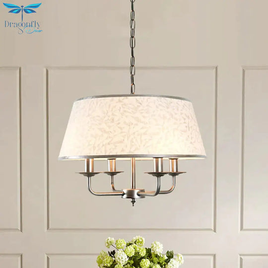 White 4 Heads Chandelier Light Fixture Retro Fabric Drum Shade Pendant Lighting With Candelabra
