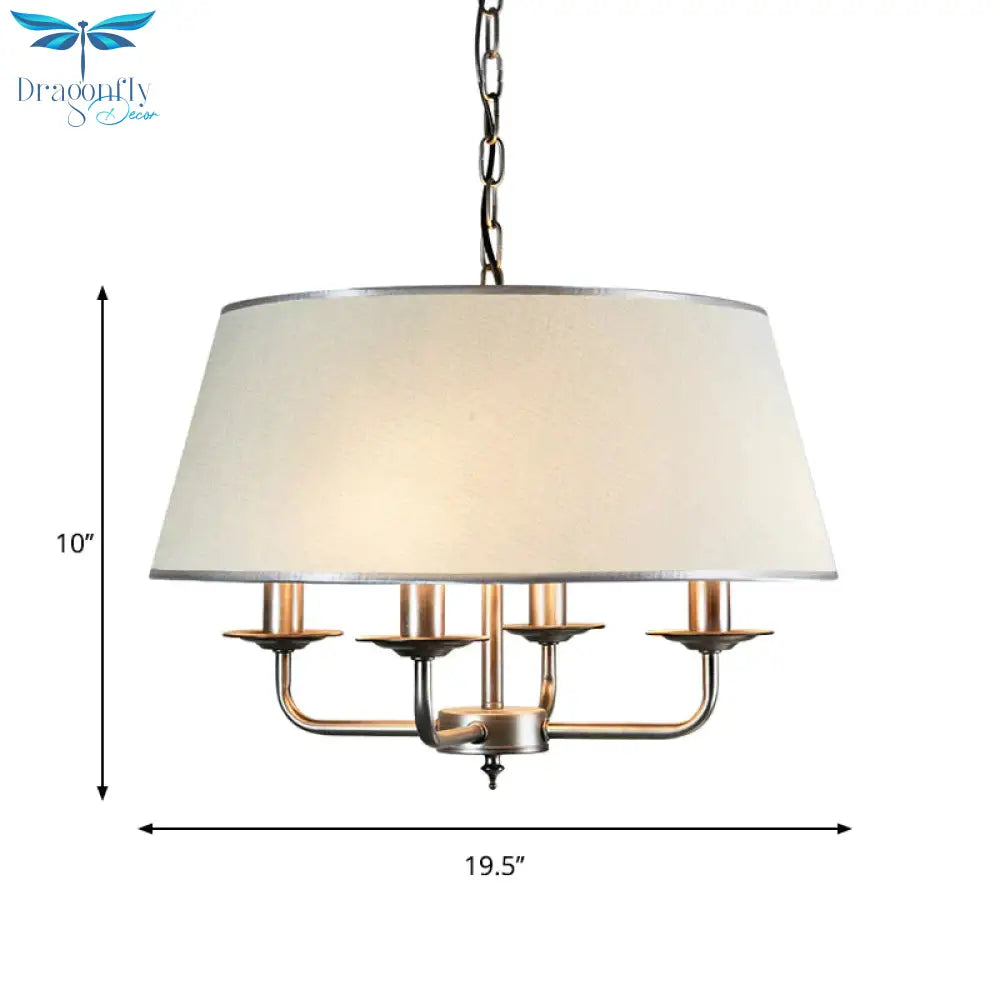 White 4 Heads Chandelier Light Fixture Retro Fabric Drum Shade Pendant Lighting With Candelabra