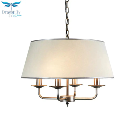 White 4 Heads Chandelier Light Fixture Retro Fabric Drum Shade Pendant Lighting With Candelabra
