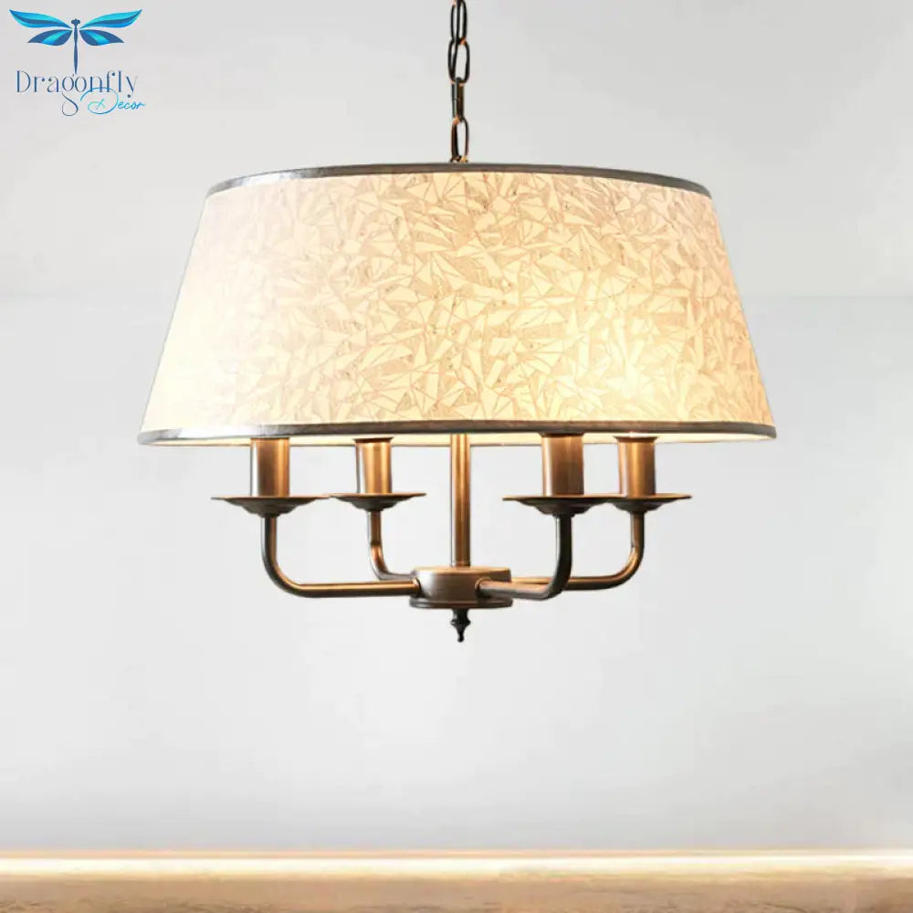 White 4 Heads Chandelier Light Fixture Retro Fabric Drum Shade Pendant Lighting With Candelabra