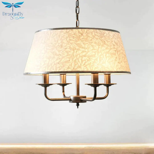 White 4 Heads Chandelier Light Fixture Retro Fabric Drum Shade Pendant Lighting With Candelabra