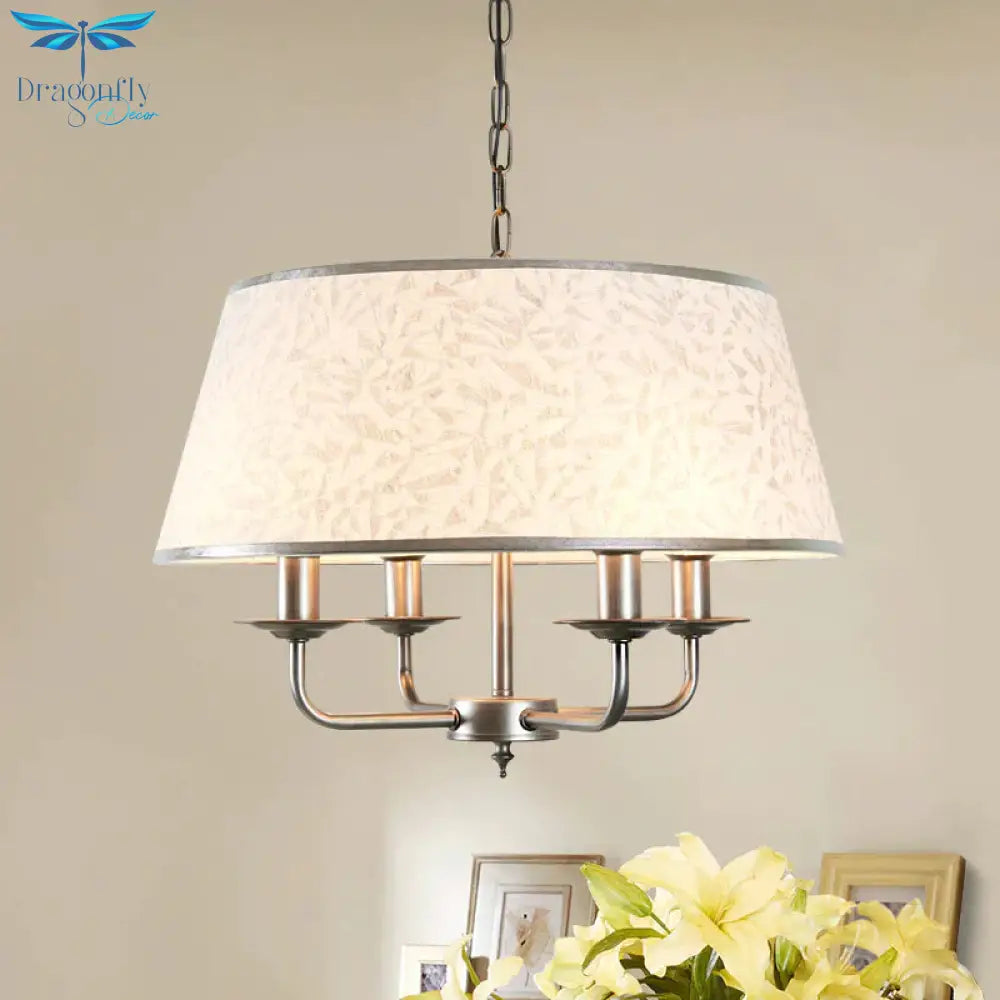 White 4 Heads Chandelier Light Fixture Retro Fabric Drum Shade Pendant Lighting With Candelabra