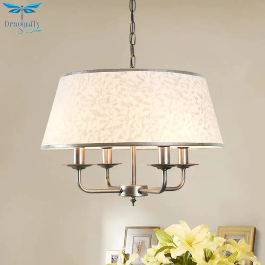White 4 Heads Chandelier Light Fixture Retro Fabric Drum Shade Pendant Lighting With Candelabra