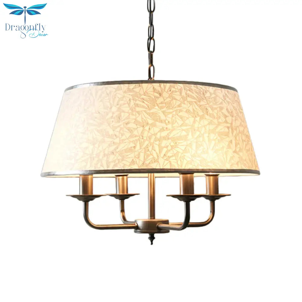 White 4 Heads Chandelier Light Fixture Retro Fabric Drum Shade Pendant Lighting With Candelabra