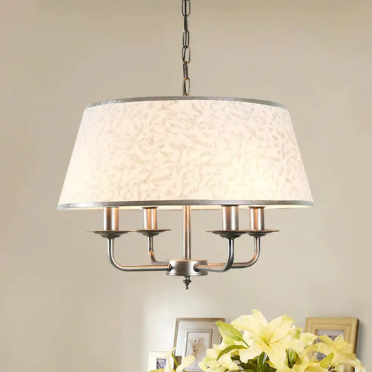 White 4 Heads Chandelier Light Fixture Retro Fabric Drum Shade Pendant Lighting With Candelabra