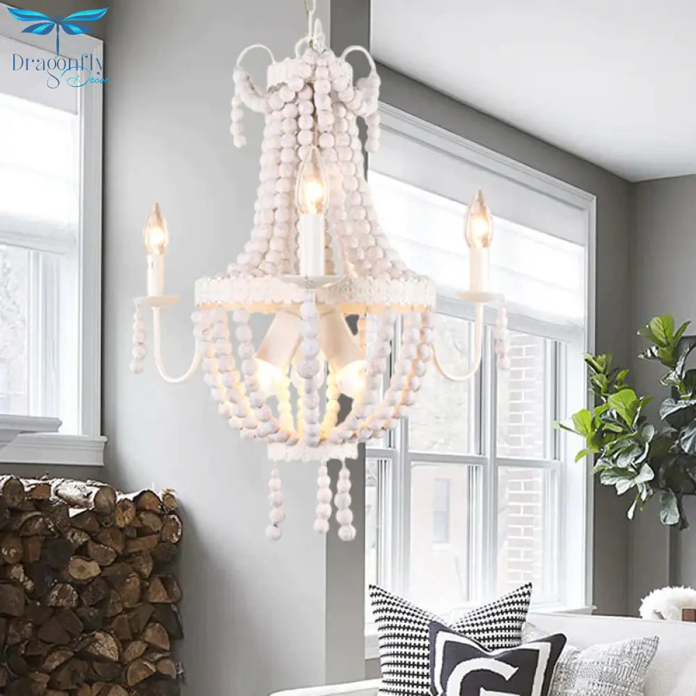 White 6/9 - Head Chandelier Light Transitional Wooden Beaded Basket Hanging Ceiling Pendant