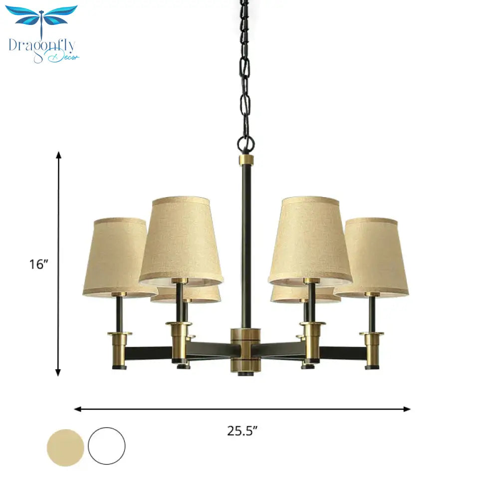 White/Beige 6 Bulbs Ceiling Chandelier Classic Fabric Cone Shade Suspension Pendant For Bedroom