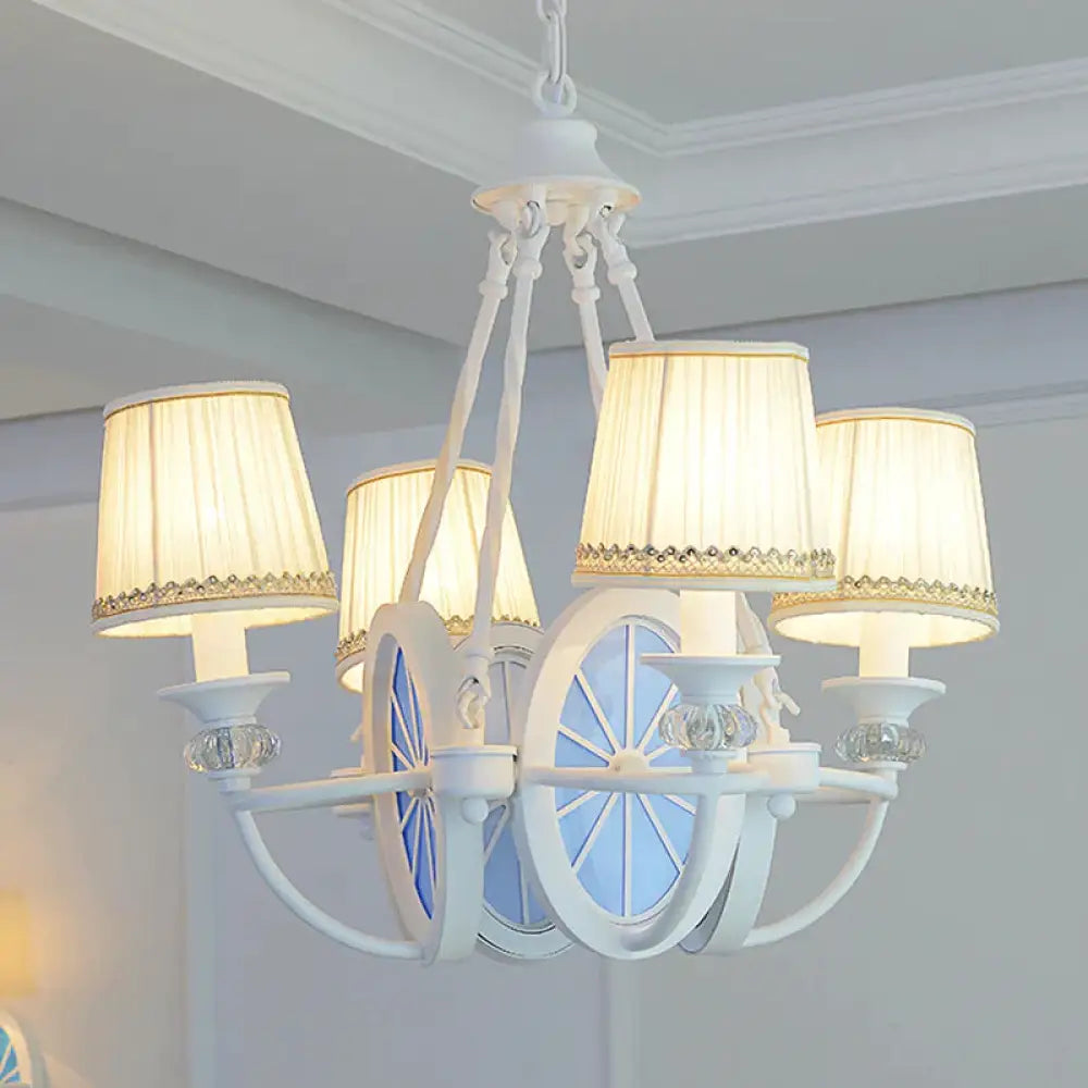 White Bucket Chandelier Lamp Mediterranean 4 Lights Fabric Drop Pendant With Oval Resin Design