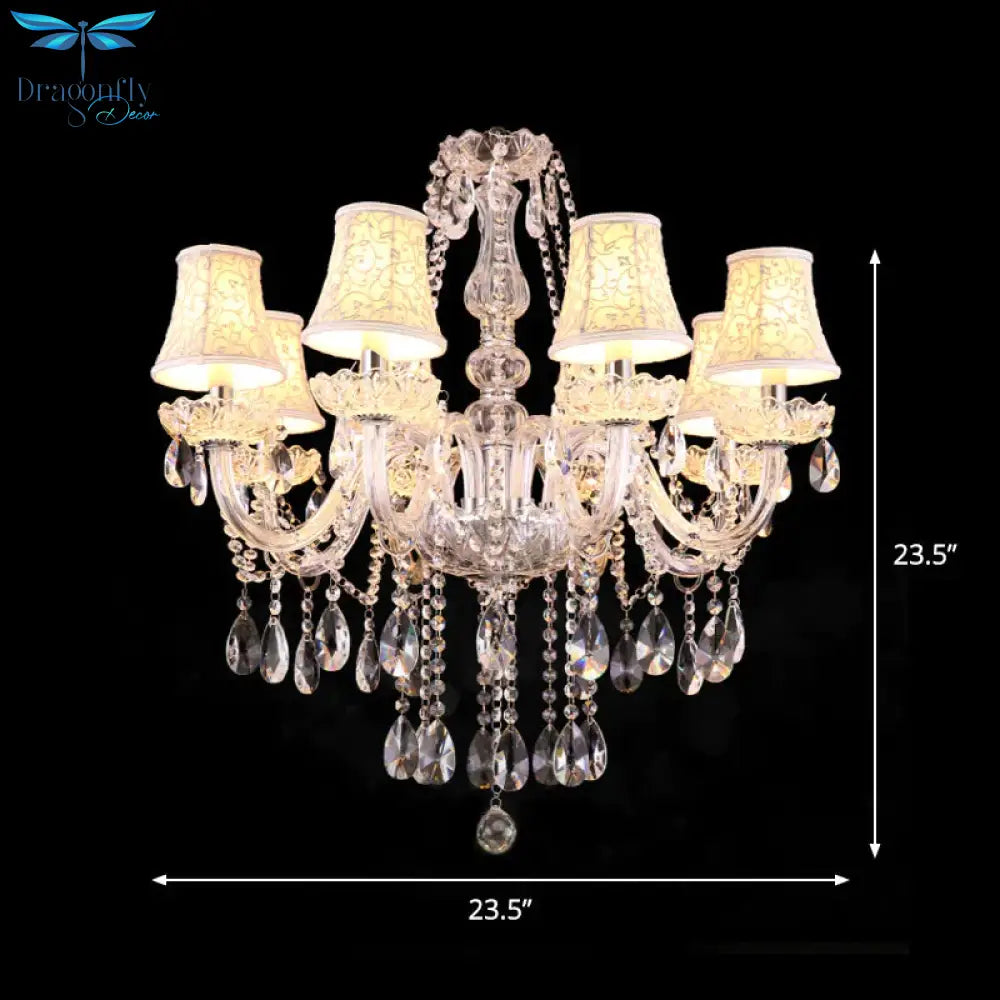 White Floral - Patterned Shade Chandelier Traditional Fabric 8 Heads Dinning Room Pendant With
