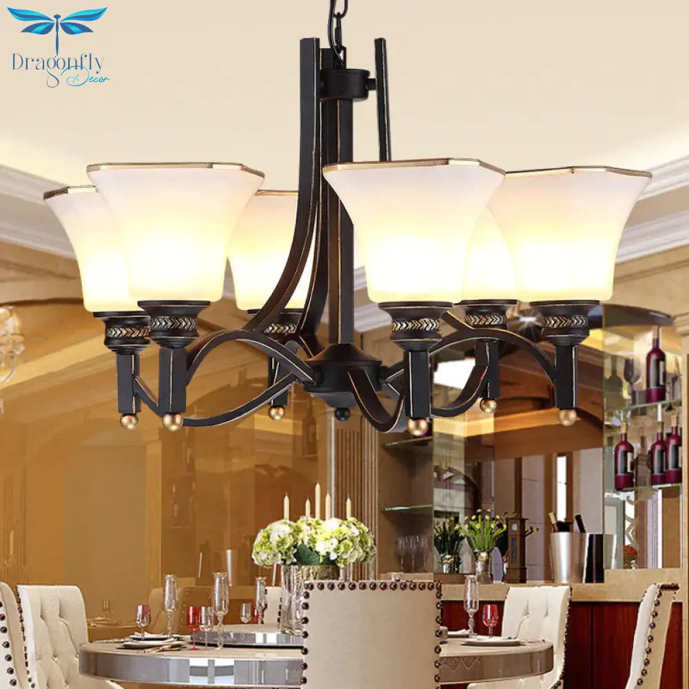 White Glass Bell Hanging Chandelier Traditional 3/6 Lights Living Room Pendant Light In Black