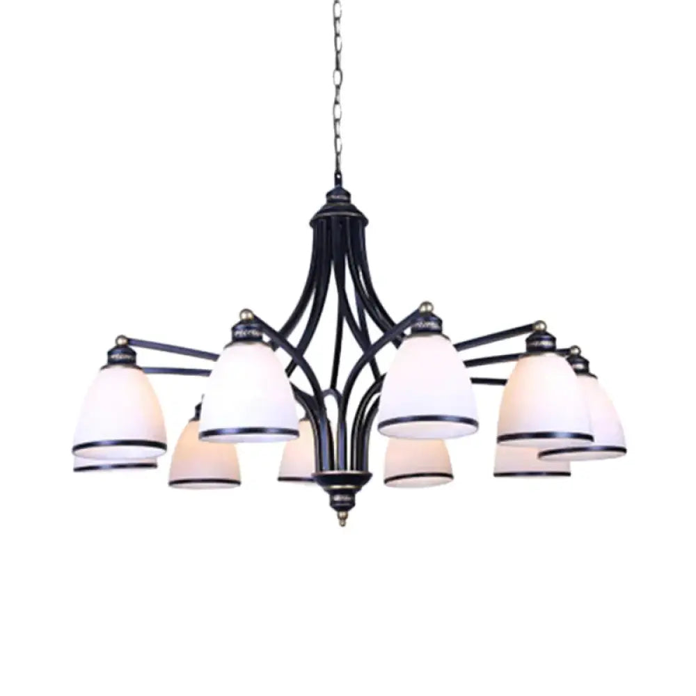 White Glass Black Pendant Lamp Tapered 10 Lights Traditional Chandelier Light Fixture For Living