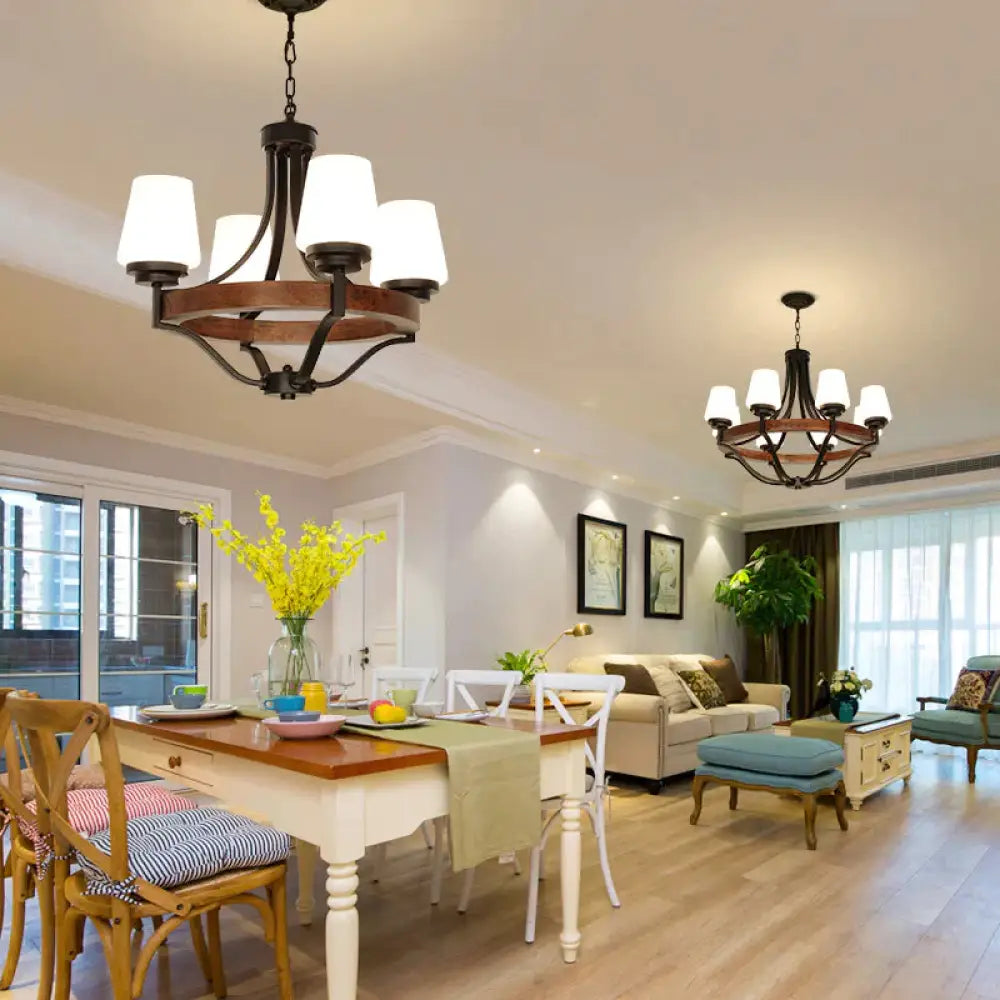 White Glass Cone Ceiling Light Fixture Rustic 4 Lights Dining Chandelier With Wooden Ring In Black