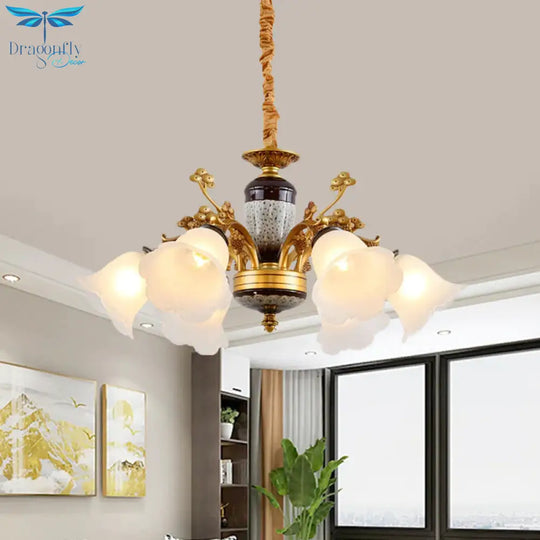 White Glass Floral Pendant Lighting Traditional 6 Lights Living Room Chandelier Lamp In Gold