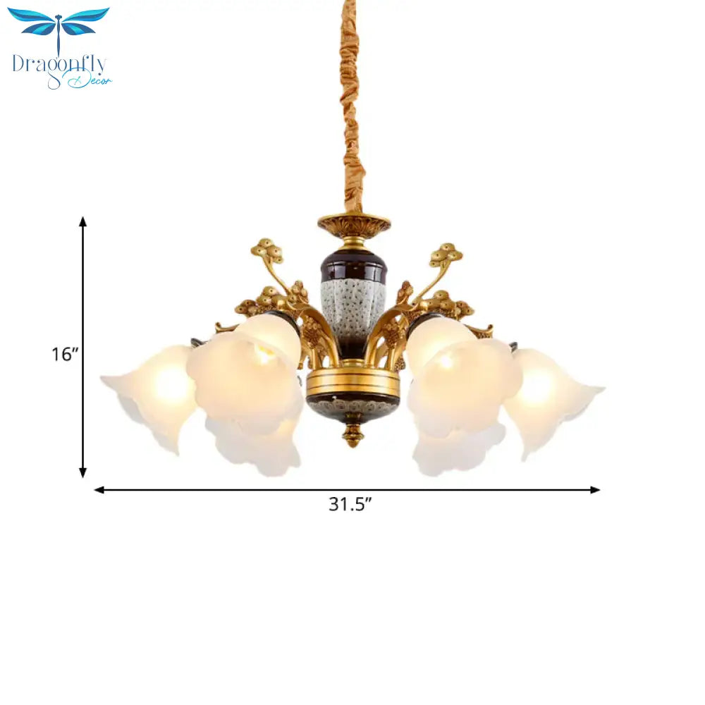 White Glass Floral Pendant Lighting Traditional 6 Lights Living Room Chandelier Lamp In Gold