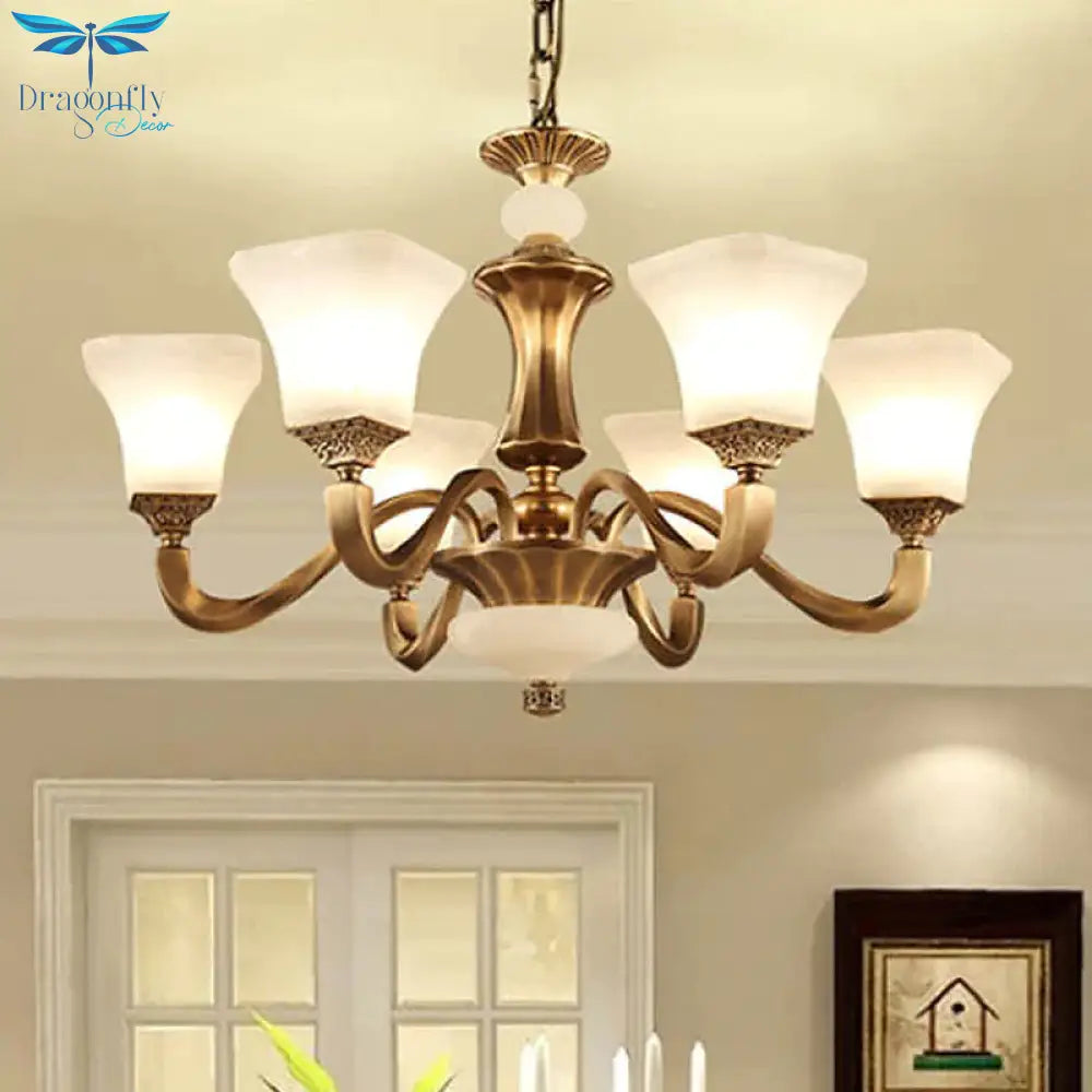 White Glass Pagoda Up Chandelier Traditional 3/6 - Head Bedroom Hanging Pendant Light In Brass