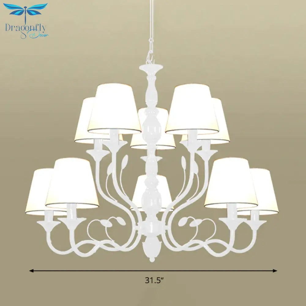 White Tapered Chandelier Lamp Traditionary Fabric 10/12/16 Bulbs Bedroom Pendant Light Fixture With