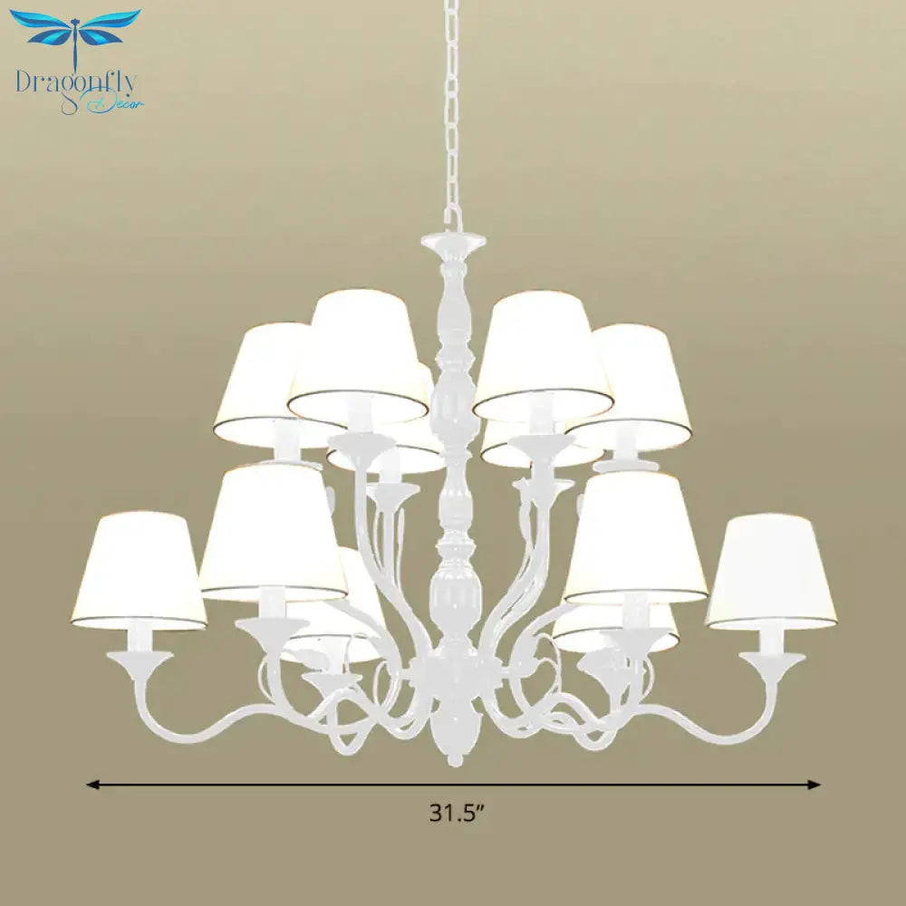 White Tapered Chandelier Lamp Traditionary Fabric 10/12/16 Bulbs Bedroom Pendant Light Fixture With