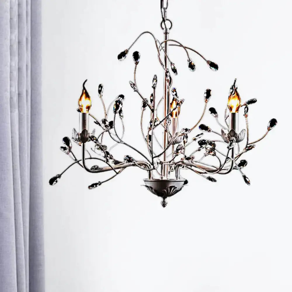 White Twig Pendant Light 3 - Light Creative Metal Chandelier With Crystal Bud For Kindergarten