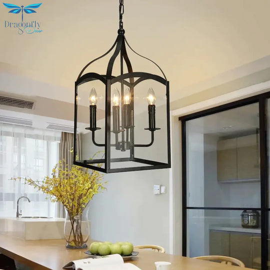 Wire Cage Indoor Chandelier Pendant Light Industrial Style Metal 4 Heads Black Hanging Lamp With