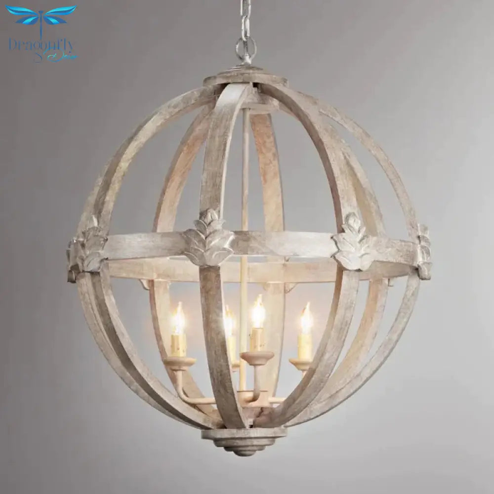 Wood Ball Chandelier Lamp Nordic 4 Bulbs Distressed White Pendant Lighting Fixture With Adjustable