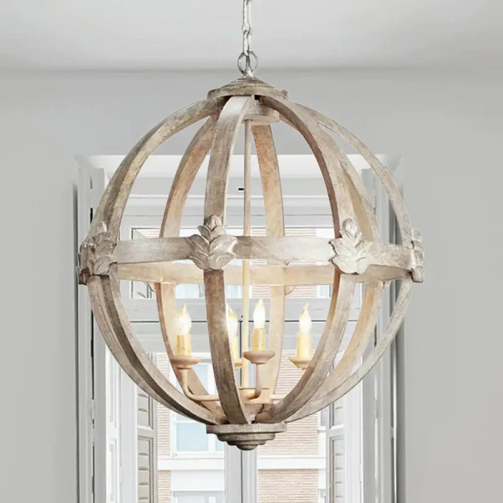 Wood Ball Chandelier Lamp Nordic 4 Bulbs Distressed White Pendant Lighting Fixture With Adjustable