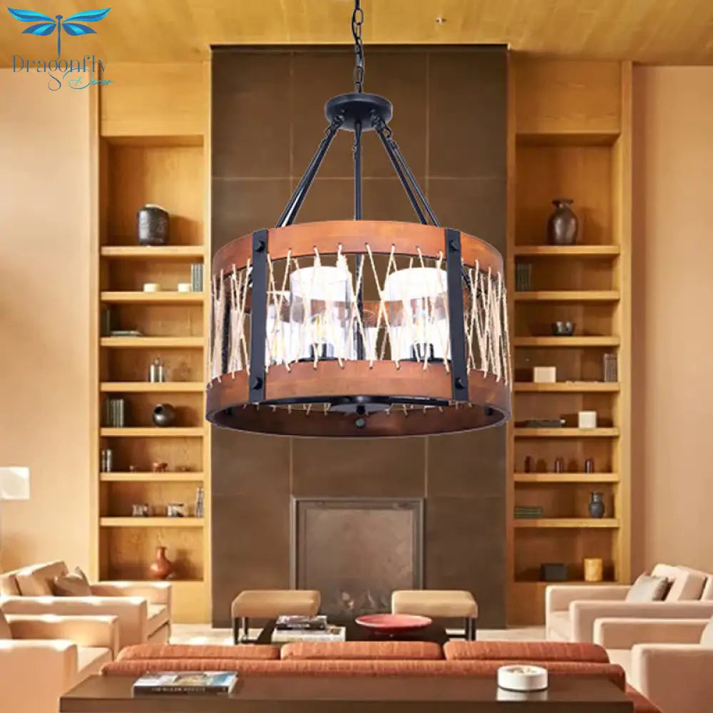 Wood Drum Chandelier Lamp Farmhouse 5 - Head Living Room Pendant Ceiling Light In Brown