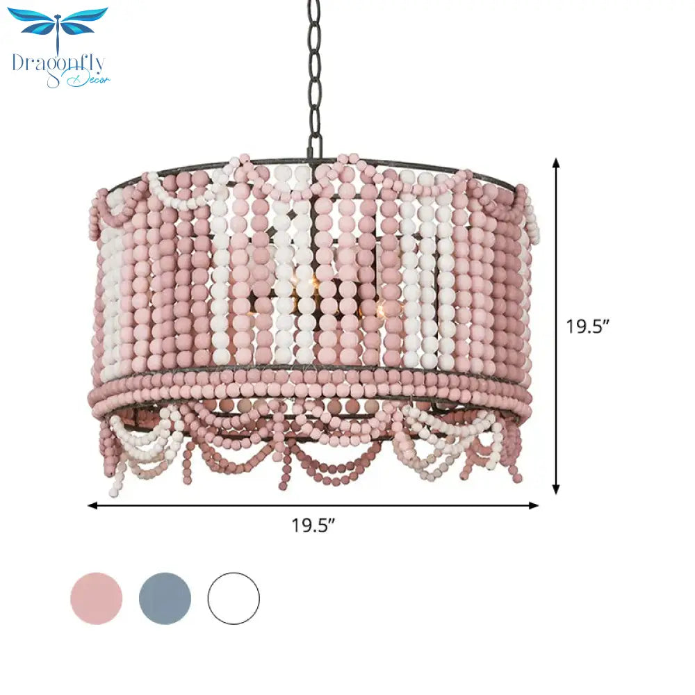 Wood Drum Chandelier Lamp Retro 3 Bulbs White/Pink/Blue Pendant Lighting Fixture With Adjustable
