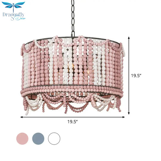 Wood Drum Chandelier Lamp Retro 3 Bulbs White/Pink/Blue Pendant Lighting Fixture With Adjustable
