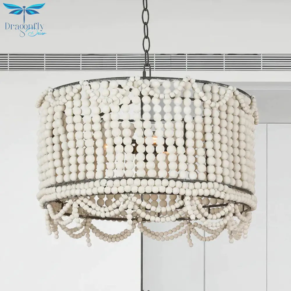 Wood Drum Chandelier Lamp Retro 3 Bulbs White/Pink/Blue Pendant Lighting Fixture With Adjustable