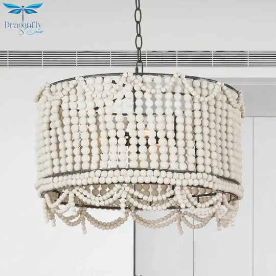 Wood Drum Chandelier Lamp Retro 3 Bulbs White/Pink/Blue Pendant Lighting Fixture With Adjustable
