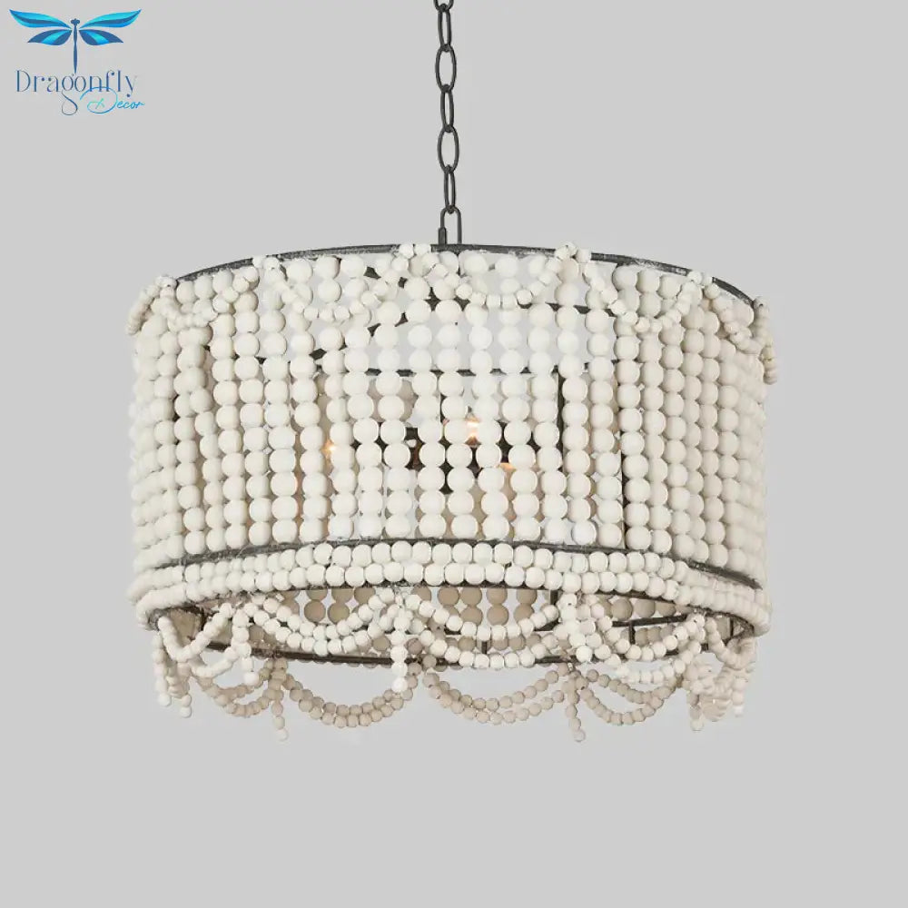 Wood Drum Chandelier Lamp Retro 3 Bulbs White/Pink/Blue Pendant Lighting Fixture With Adjustable