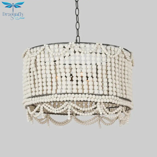 Wood Drum Chandelier Lamp Retro 3 Bulbs White/Pink/Blue Pendant Lighting Fixture With Adjustable