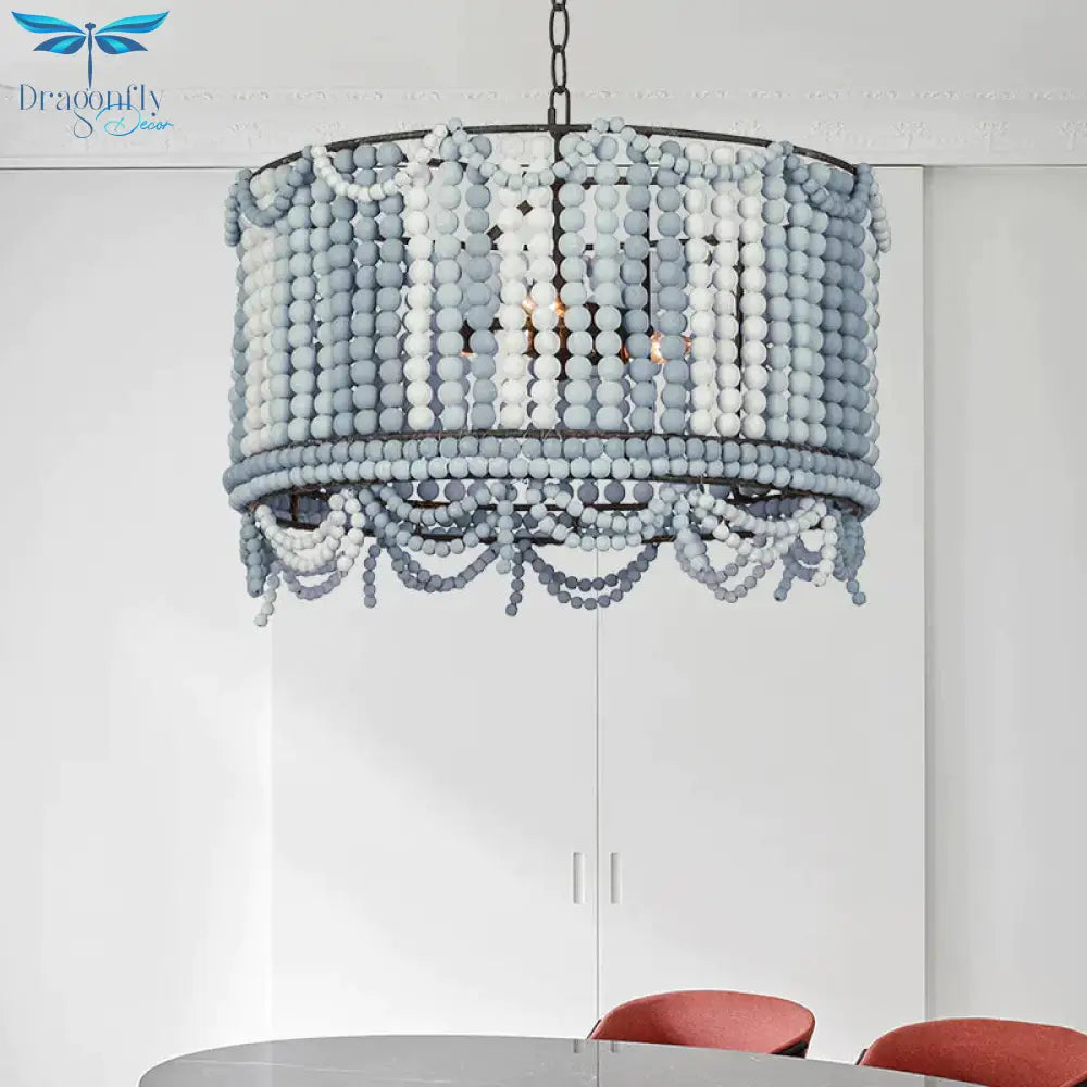 Wood Drum Chandelier Lamp Retro 3 Bulbs White/Pink/Blue Pendant Lighting Fixture With Adjustable