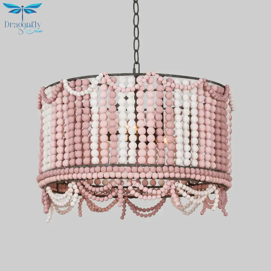 Wood Drum Chandelier Lamp Retro 3 Bulbs White/Pink/Blue Pendant Lighting Fixture With Adjustable