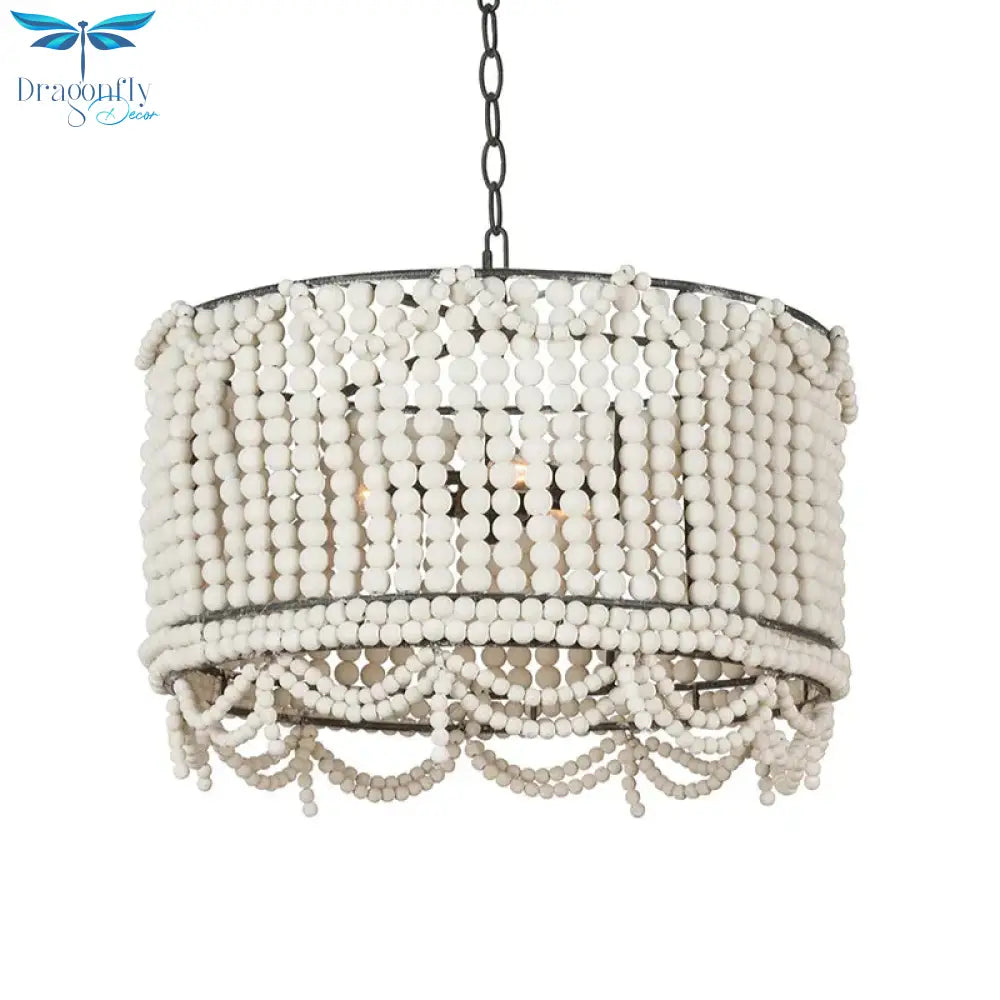 Wood Drum Chandelier Lamp Retro 3 Bulbs White/Pink/Blue Pendant Lighting Fixture With Adjustable