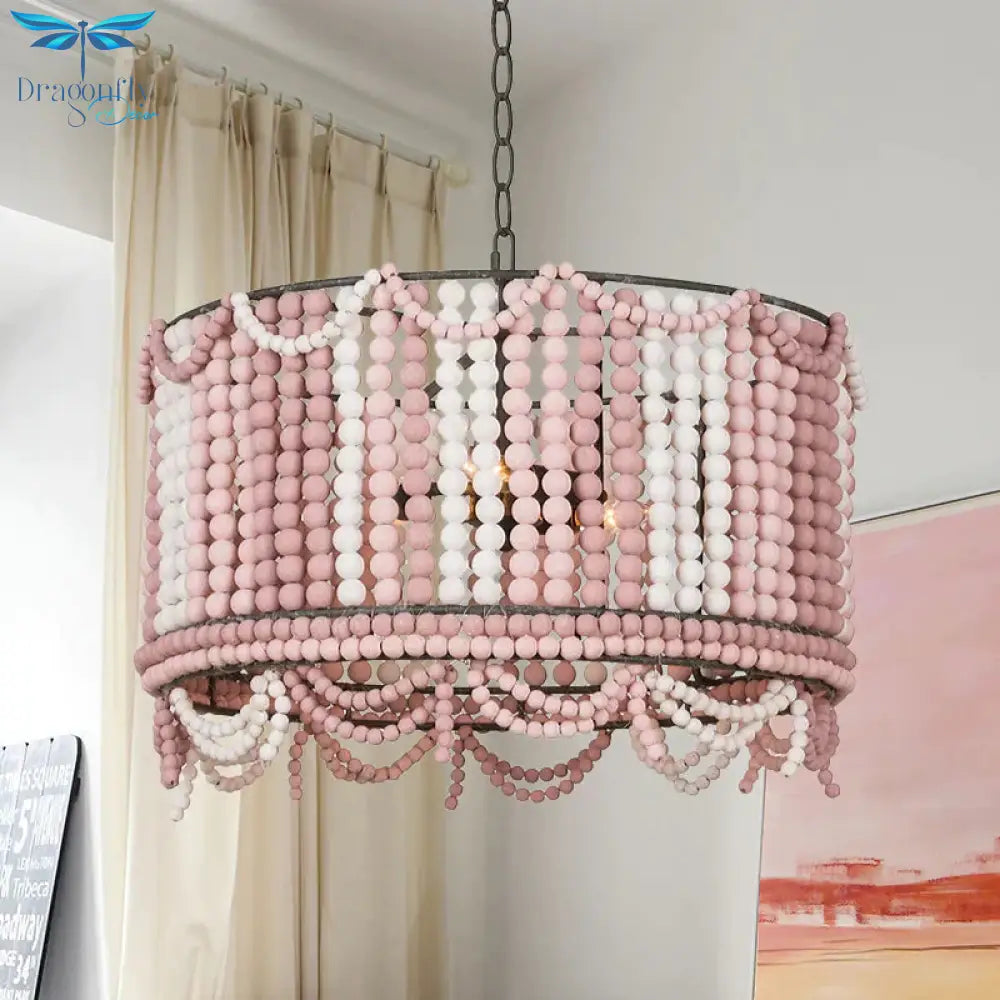 Wood Drum Chandelier Lamp Retro 3 Bulbs White/Pink/Blue Pendant Lighting Fixture With Adjustable
