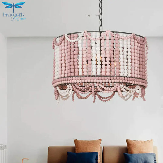 Wood Drum Chandelier Lamp Retro 3 Bulbs White/Pink/Blue Pendant Lighting Fixture With Adjustable
