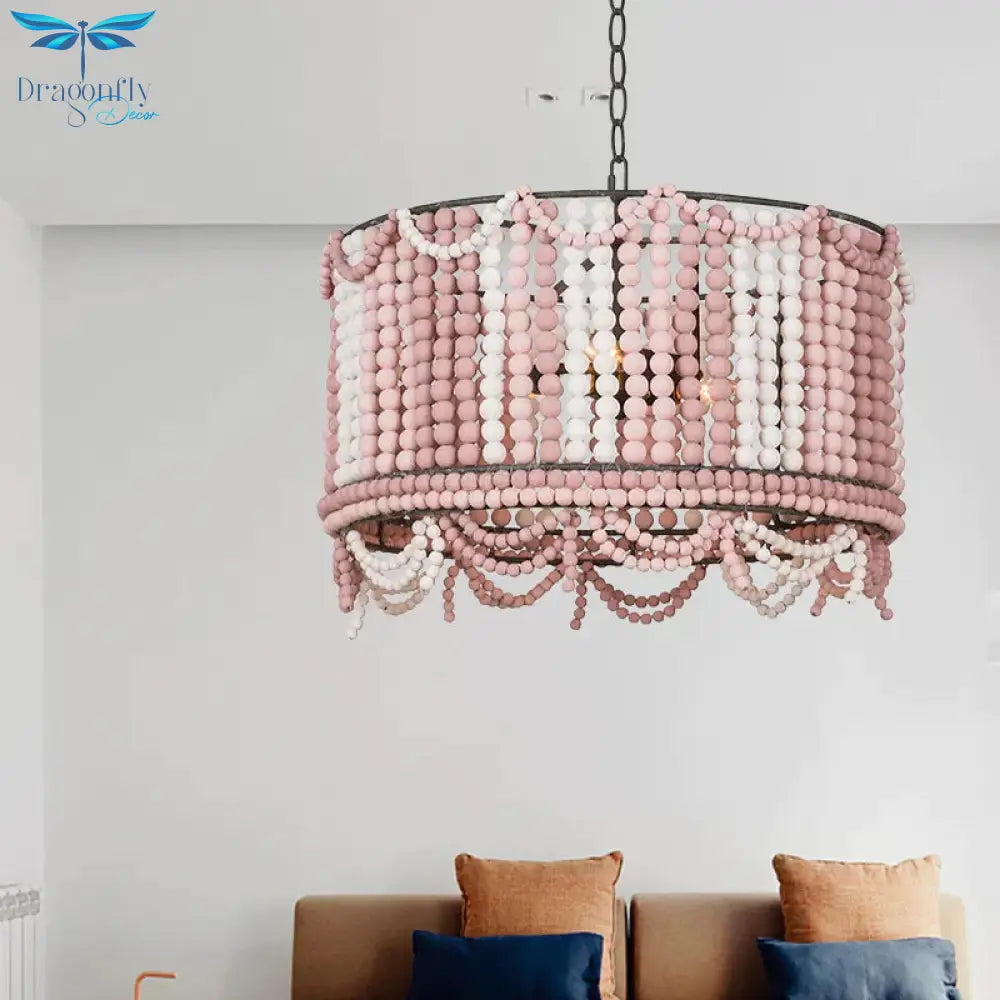 Wood Drum Chandelier Lamp Retro 3 Bulbs White/Pink/Blue Pendant Lighting Fixture With Adjustable