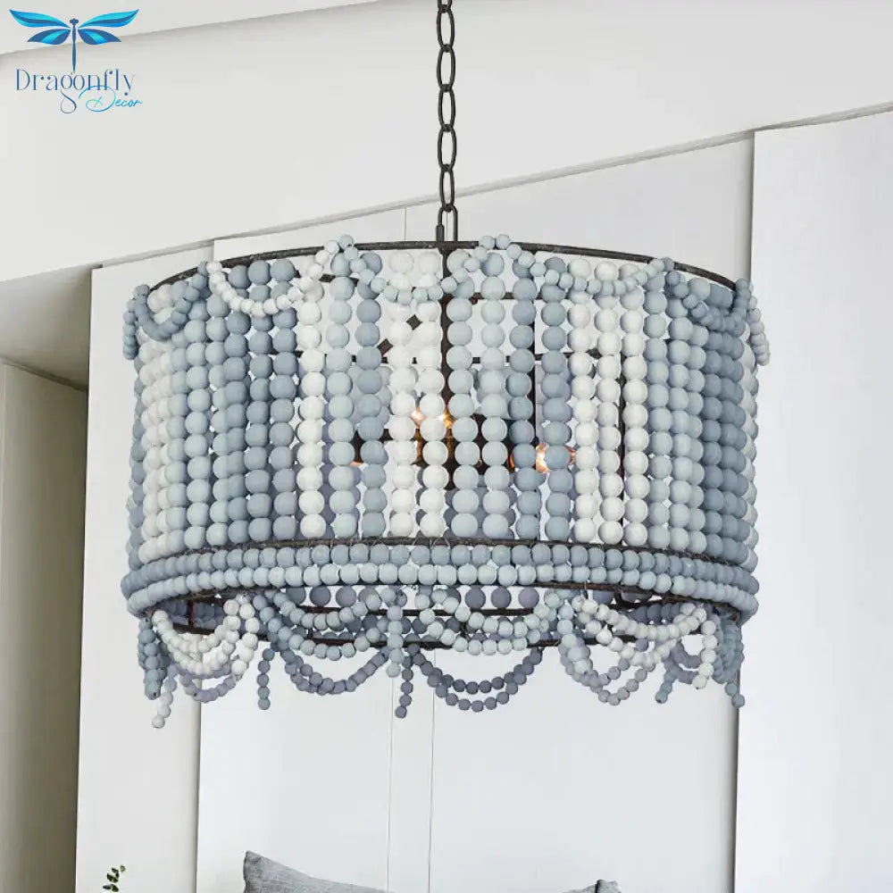 Wood Drum Chandelier Lamp Retro 3 Bulbs White/Pink/Blue Pendant Lighting Fixture With Adjustable