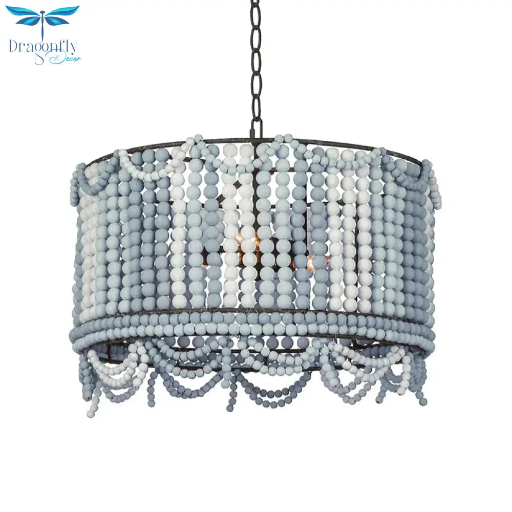 Wood Drum Chandelier Lamp Retro 3 Bulbs White/Pink/Blue Pendant Lighting Fixture With Adjustable