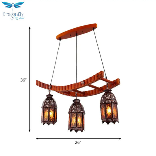 Wood Lantern Pendant Chandelier Arab Metal 3 Bulbs Dining Room Ceiling Suspension Lamp