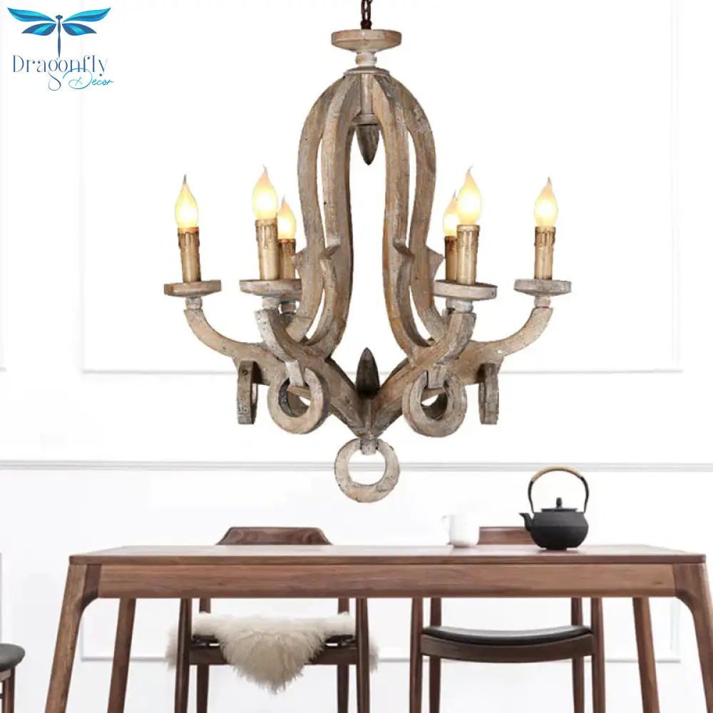 Wood Sputnik Chandelier Lamp Retro 6/8 Bulbs Brown Pendant Lighting Fixture With Adjustable Chain