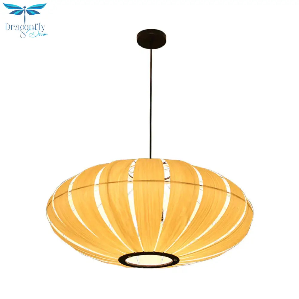 Wood Strap Lantern Pendant Lighting South East Asia 3 - Bulb Beige Hanging Ceiling Light For Bistro
